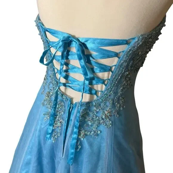 Davids Bridal Beaded Strapless Blue Dress Prom Flower Girl Gown Corset Tulle 0 - Picture 9 of 12